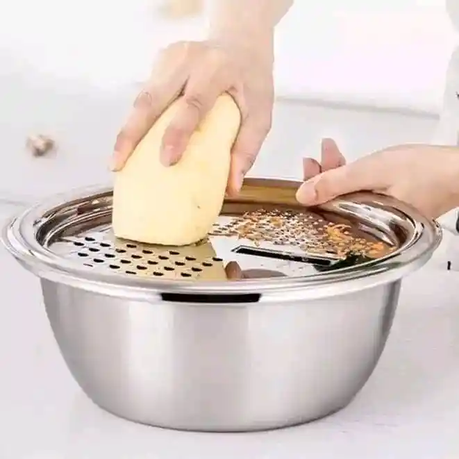 3 In 1 Multifunctional Stainless Steel Basin With Vegetable Cutter + Drain Basket