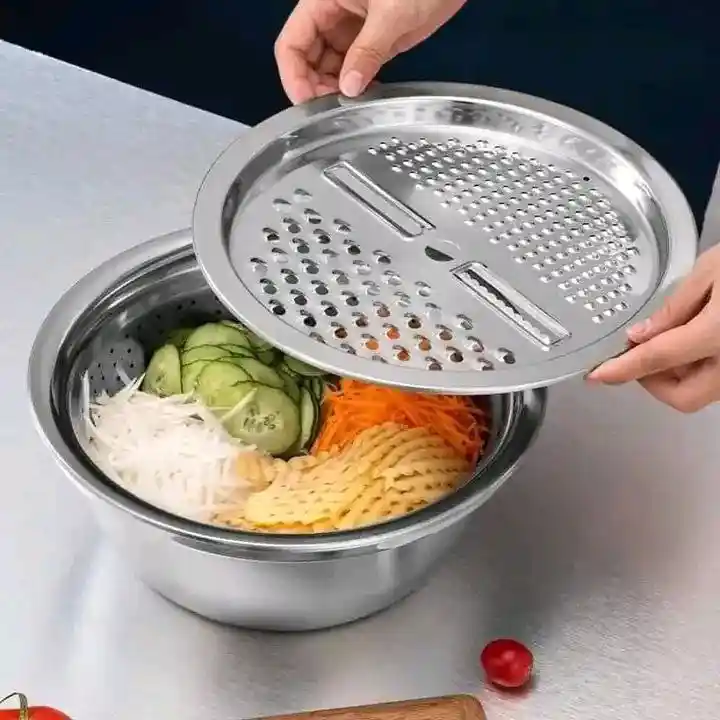 3 In 1 Multifunctional Stainless Steel Basin With Vegetable Cutter + Drain Basket